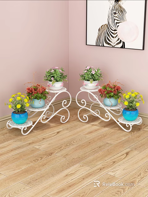 Garden Decor Pieces With White Metal Plant Stands Holding Blooming Plants And Colorful Flower Pots 3d model 