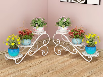 Garden Decor Pieces With White Metal Plant Stands Holding Blooming Plants And Colorful Flower Pots 3d model