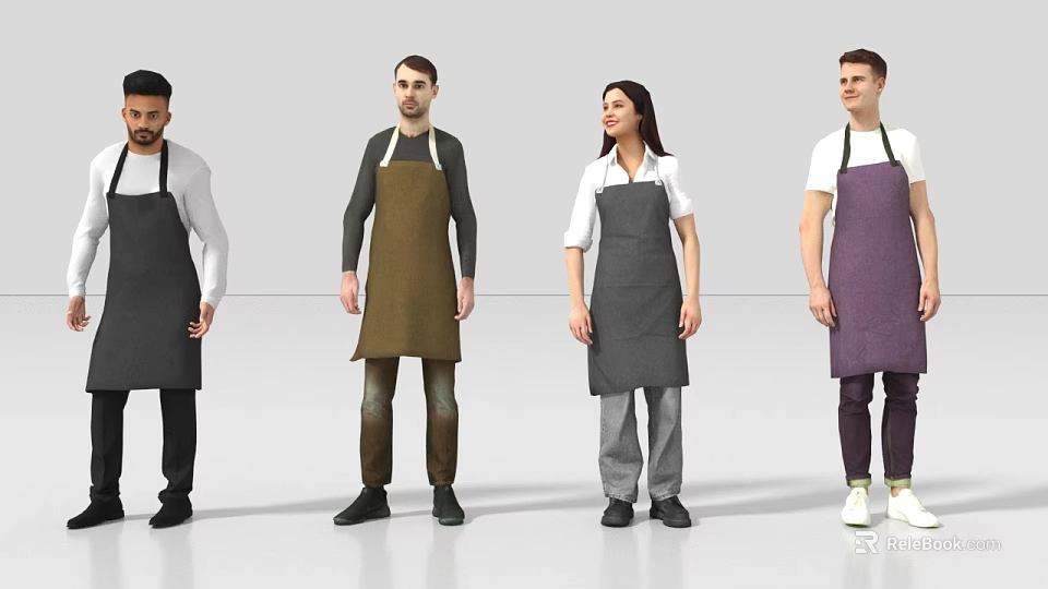 Group of People Standing in a Row Wearing Different Colored Aprons and Casual Clothing 3d model 