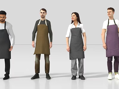 Group of People Standing in a Row Wearing Different Colored Aprons and Casual Clothing 3d model