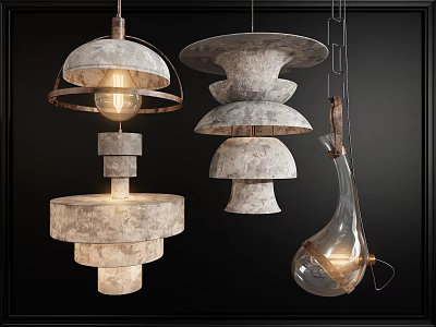 Modern Minimalist Chandeliers Featuring Concrete Stacked Structures And Unique Glass Pendant Designs 3d model