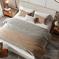 Elegant Double Bed with Linen Bedding Soft Pillows Bedside Tables and Large Windows