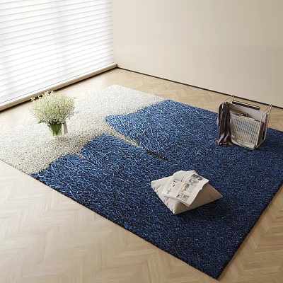Square Blue And White Rug With Vase Of White Flowers Handbag And Magazine On Floor 3d model