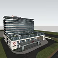 Modern Hospital Exterior Building With Red Cross Symbol And Waterfront View