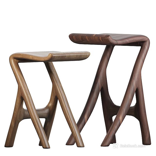 Wooden Stools Featuring Modern Design Unique Leg Structure And Light Dark Wood Tones 3d model 