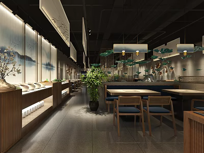 Modern Restaurant Interior Design With Wooden Display Counters Landscape Paintings Green Plants And Dining Chairs 3d model