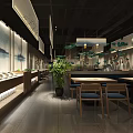 Modern Restaurant Interior Design With Wooden Display Counters Landscape Paintings Green Plants And Dining Chairs
