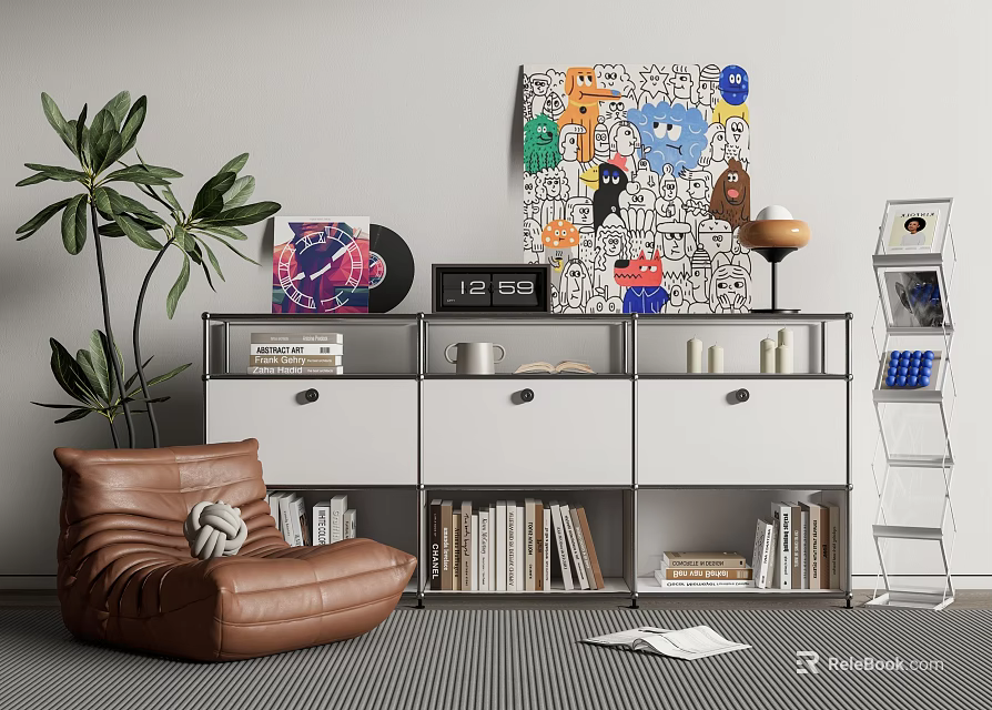 Modern Decorative Cabinet With Books Clock Vinyl Record Table Lamp And Potted Plant Near Artwork 3d model 