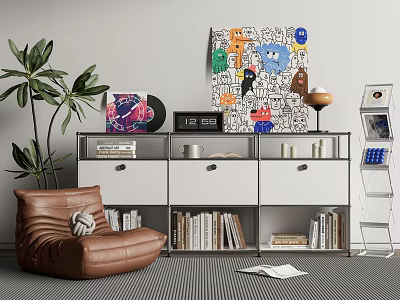 Modern Decorative Cabinet With Books Clock Vinyl Record Table Lamp And Potted Plant Near Artwork 3d model