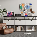 Modern Decorative Cabinet With Books Clock Vinyl Record Table Lamp And Potted Plant Near Artwork