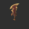 Ornate Curved Blade Weapon With Golden Red Patterns And Glowing Accents