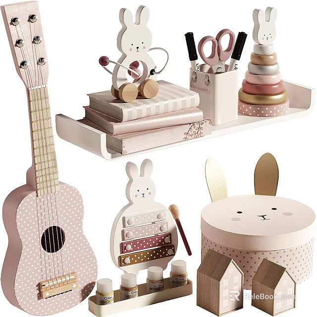Cute Pink Rabbit Themed Decorative Ornament Set With Guitar Books Tray And Building Blocks 3d model 