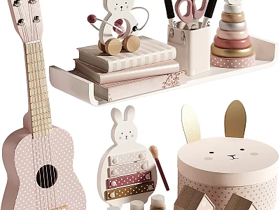Cute Pink Rabbit Themed Decorative Ornament Set With Guitar Books Tray And Building Blocks 3d model
