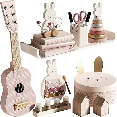 Cute Pink Rabbit Themed Decorative Ornament Set With Guitar Books Tray And Building Blocks 3d model