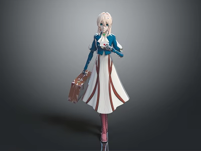 3D Model Blonde Haired Character In Blue White Outfit With Brown Suitcase And Red Boots 3d model