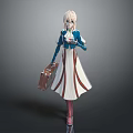 3D Model Blonde Haired Character In Blue White Outfit With Brown Suitcase And Red Boots