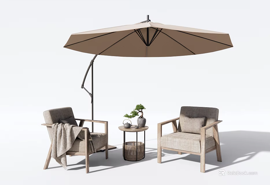 Cozy Outdoor Sofa Set With Umbrella Side Table Plants And Throw Blanket 3d model