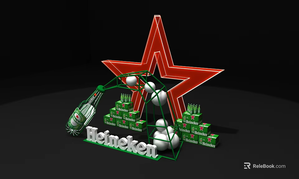 Heineken Beer Display Stack With Red Star Green Metal Structure And White Balls 3d model