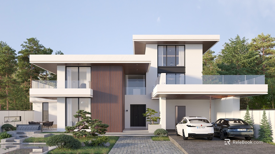 Modern Two Story Detached Villa Exterior With Large Windows Wooden Accents Landscaping And Parked Cars 3d model 