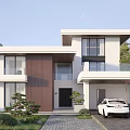 Modern Two Story Detached Villa Exterior With Large Windows Wooden Accents Landscaping And Parked Cars