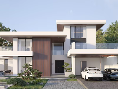 Modern Two Story Detached Villa Exterior With Large Windows Wooden Accents Landscaping And Parked Cars 3d model