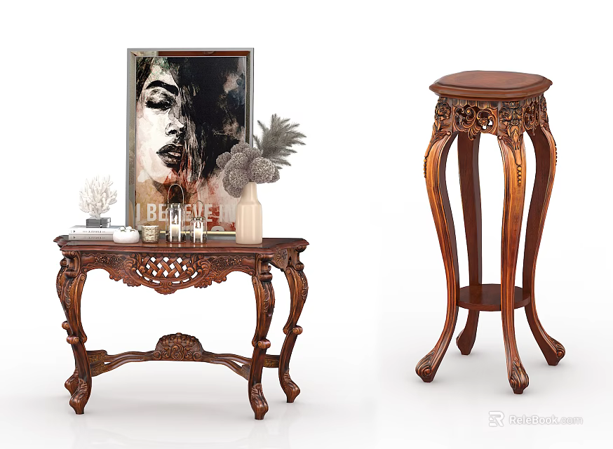 Carved Wooden Garden Ornaments Decorative Side Table and Pedestal Table With Plants Artwork Vase 3d model 