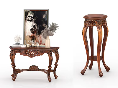 Carved Wooden Garden Ornaments Decorative Side Table and Pedestal Table With Plants Artwork Vase 3d model