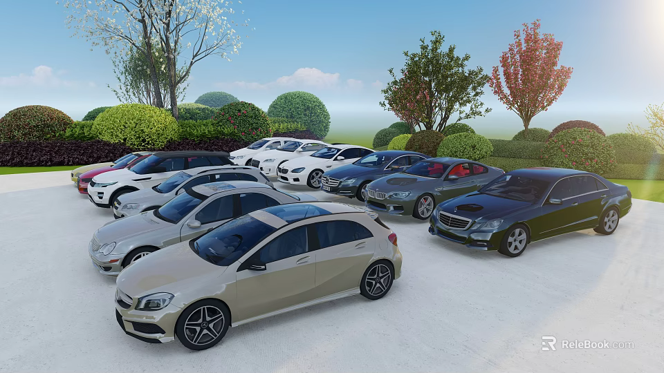 Various Colored Cars In Different Models Parked In Green Area With Trees And Shrubs 3d model 