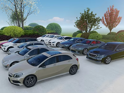Various Colored Cars In Different Models Parked In Green Area With Trees And Shrubs 3d model
