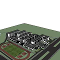 Modern School Campus Buildings With Green Playground Lush Trees And Parking Area