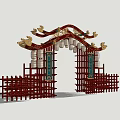 Traditional Red Gate With Golden Dragon Patterns Lattice Structure And Green Panels 3d model