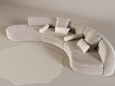 Modern Curved Sofa With Light Gray Upholstery And Decorative Pillows On Beige Rug 3d model