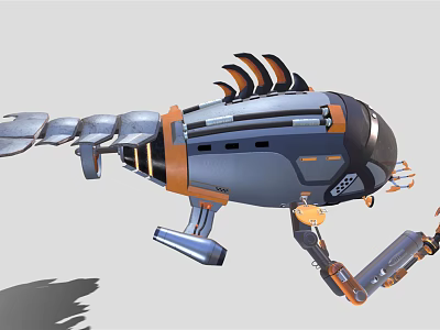 Futuristic Water Vehicle With Gray Orange Design And Mechanical Fins Structure 3d model