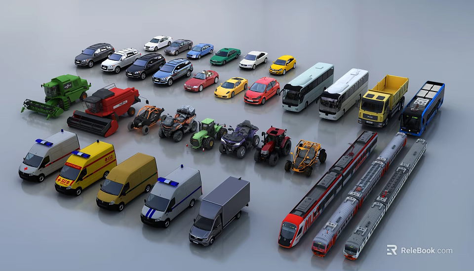 Cars and Various Vehicles Including Trucks Buses Ambulances Fire Engines Trains Motorcycles 3d model 
