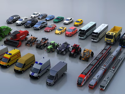 Cars and Various Vehicles Including Trucks Buses Ambulances Fire Engines Trains Motorcycles 3d model