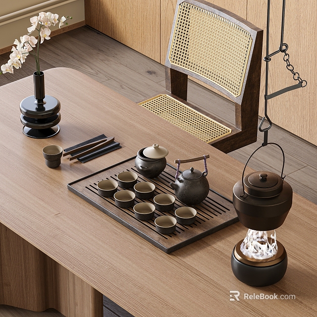 Rustic Traditional Tea Set on Wooden Table with Teapot Teacups Tea Tray and Wicker Chair 3d model 