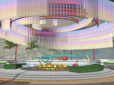 Colorful Pergola Design With Hanging Panels Circular Layout And Palm Trees 3d model