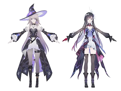 Two Game Anime Characters In Fantasy Witch Outfits With Purple Black Costumes And Long Hair 3d model