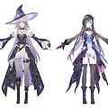 Two Game Anime Characters In Fantasy Witch Outfits With Purple Black Costumes And Long Hair