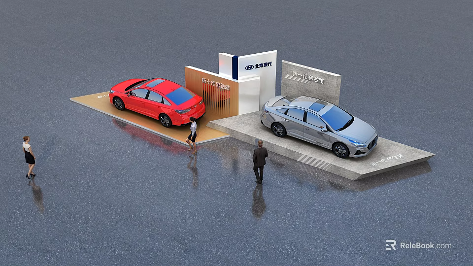 Beijing Auto Car Exhibition Display Shelves With Red And Silver Vehicles And People 3d model 