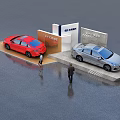 Beijing Auto Car Exhibition Display Shelves With Red And Silver Vehicles And People
