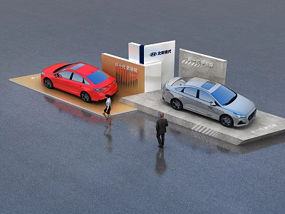Beijing Auto Car Exhibition Display Shelves With Red And Silver Vehicles And People 3d model