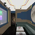 Modern KTV Interior with Large Screen Song Selection System Green Sofas and Circular Landscape Decor 3d model