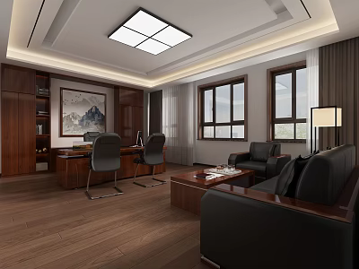 Modern Office Interior With Wooden Furniture Desk Chairs Sofa Coffee Table And Windows 3d model
