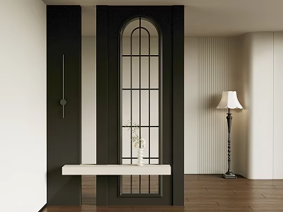 Stylish Indoor Entryway With Black Arched Glass Door White Bench And Floor Lamp 3d model