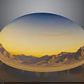 Transparent Hemisphere Displaying Mountain Landscape With Orange And Blue Sunset Sky And Reflective Base Surface