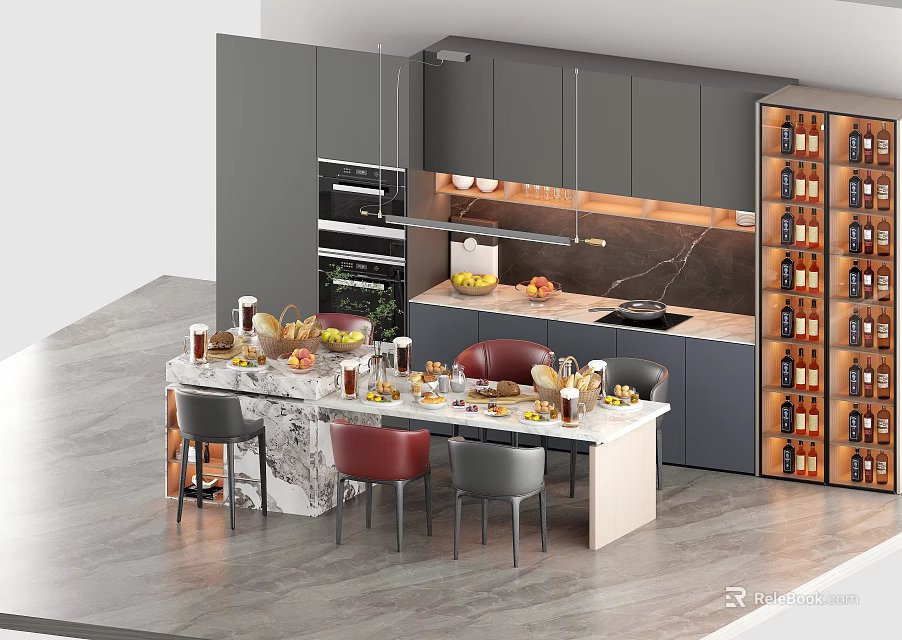 Modern Kitchen Dining Table Set With Marble Top Chairs Decor And Wine Rack 3d model 