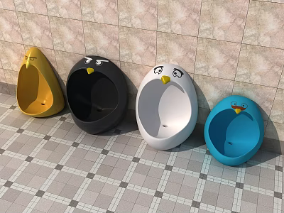 Colorful Urinals With Cartoon Bird Face Design On Tiled Wall And Checkerboard Floor 3d model