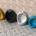 Colorful Urinals With Cartoon Bird Face Design On Tiled Wall And Checkerboard Floor