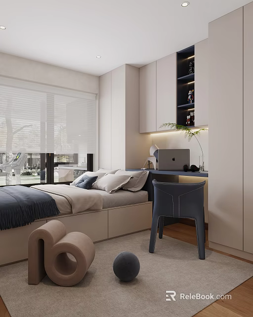 Modern Tatami Bedroom Interior With Platform Bed Desk Chair And Storage Cabinets 3d model 